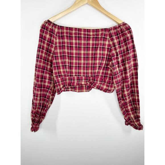 Eggka Peasant Milkmaid Crop Top Red Cream Plaid Long Sleeve Button Front Small - Picture 2 of 7